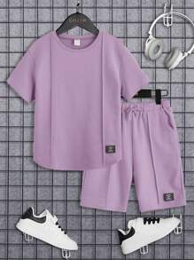 SHEIN Leap Crew Tween Boy Letter Patched Detail Tee & Drawstring Waist Shorts - Lilac Purple - View 1
