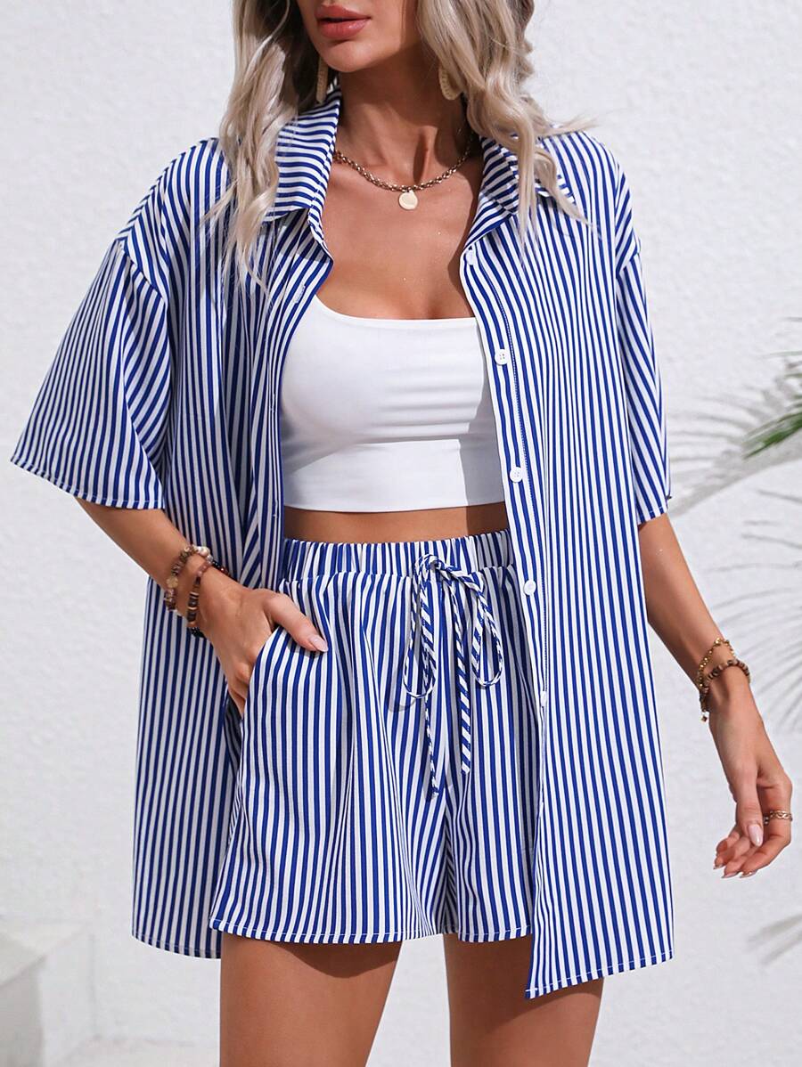 SHEIN LUNE Striped Drop Shoulder Shirt & Knot Front Shorts - Blue and White - View 1