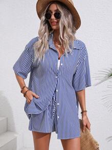 SHEIN LUNE 條紋圖案落肩袖襯衫和前打結短褲 - 藍白色 - 查看 3