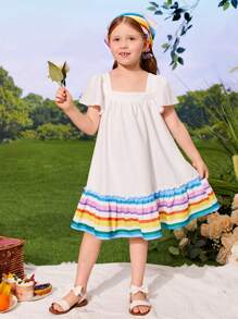 SHEIN Toddler Girls Striped Print Ruffle Hem Smock Dress With Headscarf - Multicolor - View 3