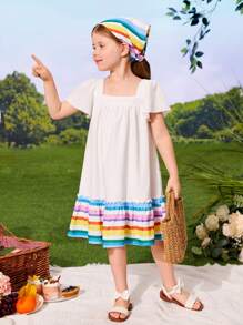 SHEIN Toddler Girls Striped Print Ruffle Hem Smock Dress With Headscarf - Multicolor - View 6