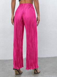 SHEIN PETITE High Waist Plisse Wide Leg Pants - Hot Pink - View 2