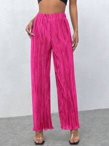 SHEIN PETITE High Waist Plisse Wide Leg Pants - Hot Pink - View 3