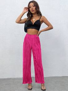 SHEIN PETITE High Waist Plisse Wide Leg Pants - Hot Pink - View 4