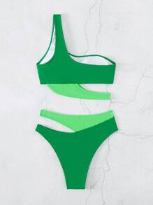 Cut Out One Shoulder Bikini Set - Green - View 4