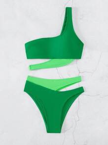 Cut Out One Shoulder Bikini Set - Green - View 7