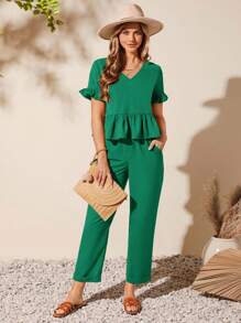 SHEIN LUNE Bộ đồ hai mảnh nữ Túi Xù Viên lá sen màu trơn Giải trí - màu xanh lá - Xem 1