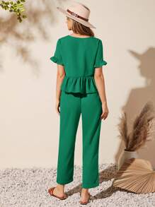 SHEIN LUNE Bộ đồ hai mảnh nữ Túi Xù Viên lá sen màu trơn Giải trí - màu xanh lá - Xem 2