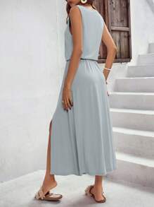 SHEIN LUNE Solid Split Thigh Hidden Pocket Dress - Baby Blue - View 3