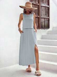 SHEIN LUNE Solid Split Thigh Hidden Pocket Dress - Baby Blue - View 5