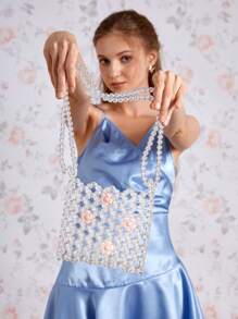 SHEIN MOD 串珠設計方包透明花朵裝飾 - 白色 - 查看 6