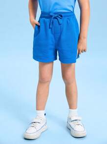 SHEIN Bé trai Quần short Bông 100% Eo dây rút - Màu xanh lam - Xem 2