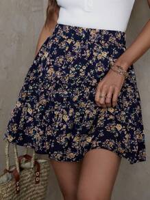 SHEIN VCAY 碎花喇叭半身裙 - 藍色 - 查看 1