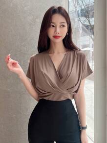 DAZY Camiseta Sólida Con Manga Murciélago Abullonada - Caqui - Ver 1