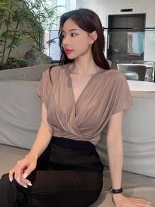 DAZY Camiseta Sólida Con Manga Murciélago Abullonada - Caqui - Ver 4