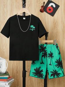 SHEIN Tween Boys' Coconut Tree Printed Round Neck Short Sleeve T-Shirt And Knitted Shorts Set For Holiday - Green - View 1