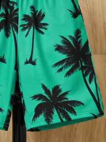 SHEIN Tween Boys' Coconut Tree Printed Round Neck Short Sleeve T-Shirt And Knitted Shorts Set For Holiday - Green - View 4