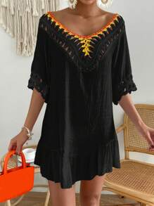 Contrast Crochet Pom Pom Trim Ruffle Hem Tie Backless Cover Up - Black - View 5