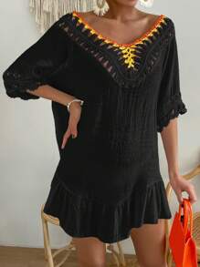 Contrast Crochet Pom Pom Trim Ruffle Hem Tie Backless Cover Up - Black - View 6