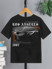 SHEIN T-shirt à manches courtes tricoté imprimé de vacances décontracté pour garçon préadolescent à col rond