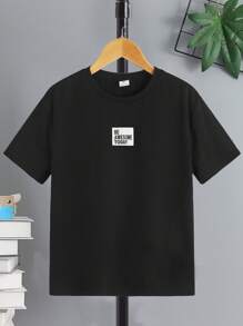 SHEIN T-shirt à manches courtes tricoté imprimé de vacances décontracté pour garçon préadolescent à col rond
