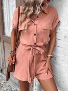 SHEIN LUNE Flap Detail Batwing Sleeve Belted Shirt Romper - Dusty Pink - View 2