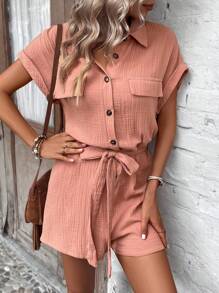 SHEIN LUNE Flap Detail Batwing Sleeve Belted Shirt Romper - Dusty Pink - View 5