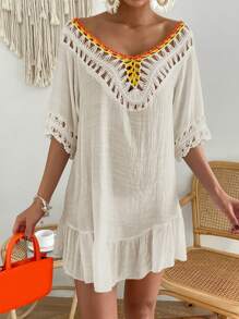 SHEIN Swim Women's Vacation Casual Crochet Flower Pom Pom Decor Backless Cover Up - Apricot - View 5