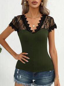 SHEIN Clasi Áo thun nữ Tương phản ren Khối Màu Giải trí - Màu xanh lá cây đậm - Xem 6