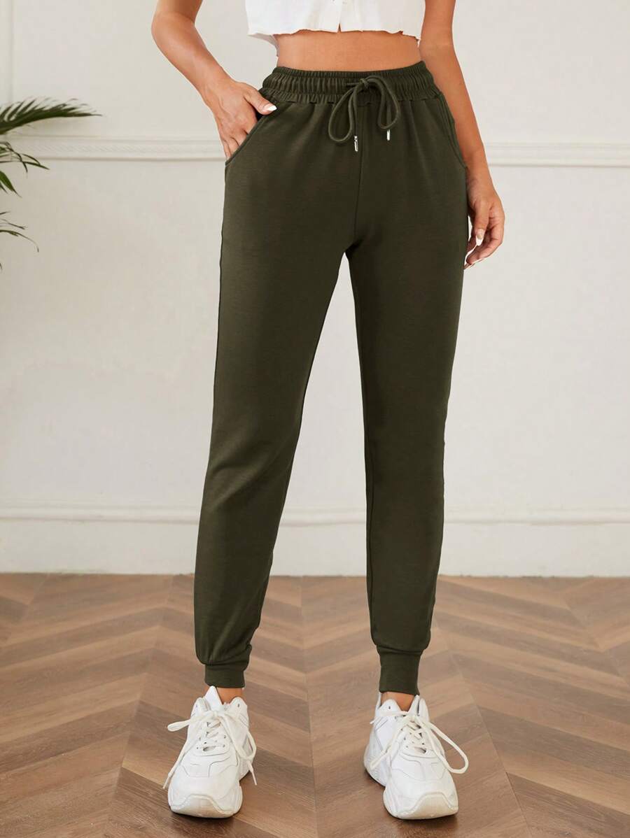SHEIN PETITE Solid Drawstring Waist Slant Pocket Joggers - Army Green - View 1