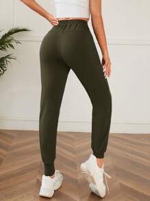 SHEIN PETITE Solid Drawstring Waist Slant Pocket Joggers - Army Green - View 2