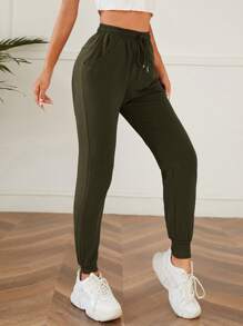 SHEIN PETITE Solid Drawstring Waist Slant Pocket Joggers - Army Green - View 3