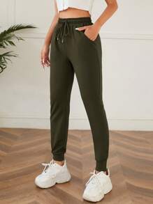 SHEIN PETITE Solid Drawstring Waist Slant Pocket Joggers - Army Green - View 5