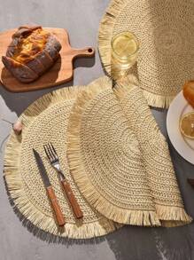 4入組流蘇裝飾餐墊，米色圓形紙桌墊，適用於餐桌 - 米色 - 查看 3