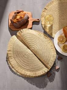 4入組流蘇裝飾餐墊，米色圓形紙桌墊，適用於餐桌 - 米色 - 查看 6