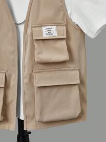 SHEIN Bé Trai Jackets Đắp vá Túi Lá thư Giải trí - Màu Khaki - Xem 4