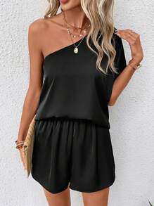 SHEIN LUNE Shorts con top de un hombro de manga murciélago - Negro - Ver 6