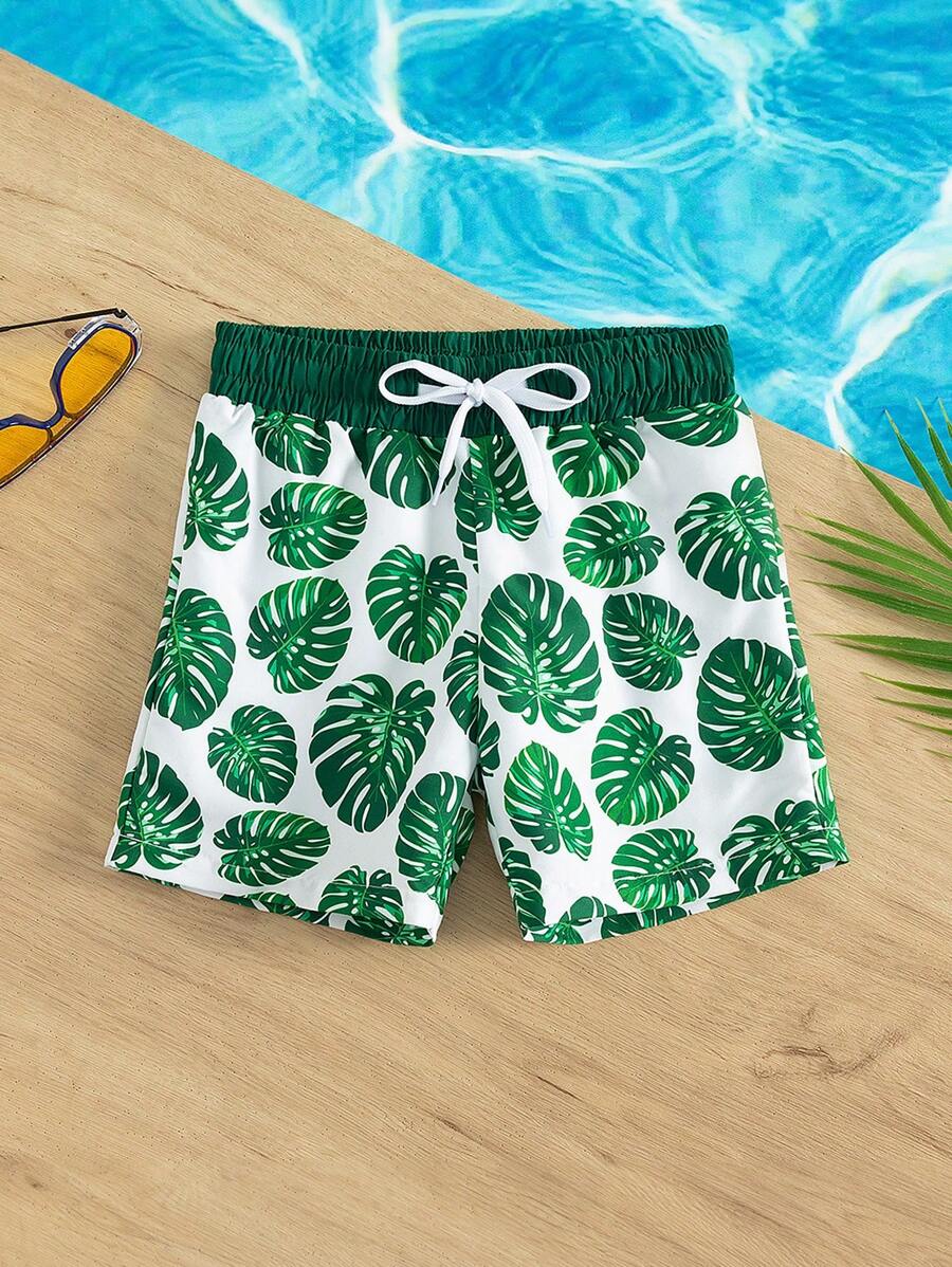 Young Boy 1pc Tropical Print Drawstring Waist Swim Shorts - White - View 1