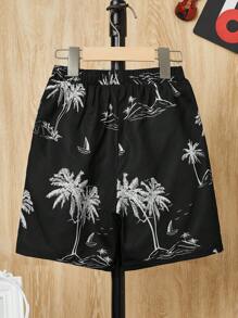 SHEIN 男孩椰子樹圖案短褲 - 黑色 - 查看 2