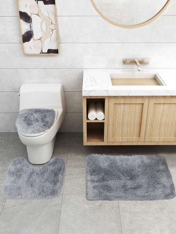 1pc Tie Dye Fuzzy Bath Rug, Light Grey Plush Closestool Mat, For