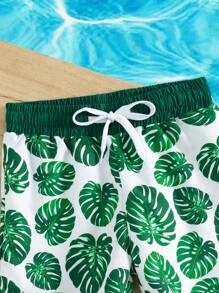 Young Boy 1pc Tropical Print Drawstring Waist Swim Shorts - White - View 4