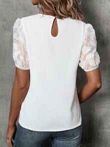 SHEIN Privé Contrast Mesh Puff Sleeve Solid Blouse