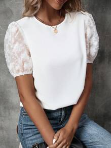 SHEIN Privé Contrast Mesh Puff Sleeve Solid Blouse