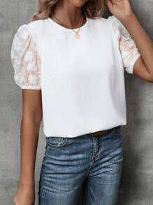 SHEIN Privé Contrast Mesh Puff Sleeve Solid Blouse