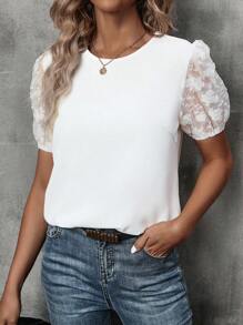 SHEIN Privé Contrast Mesh Puff Sleeve Solid Blouse