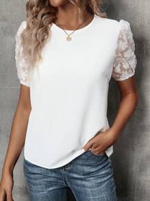 SHEIN Privé Contrast Mesh Puff Sleeve Solid Blouse