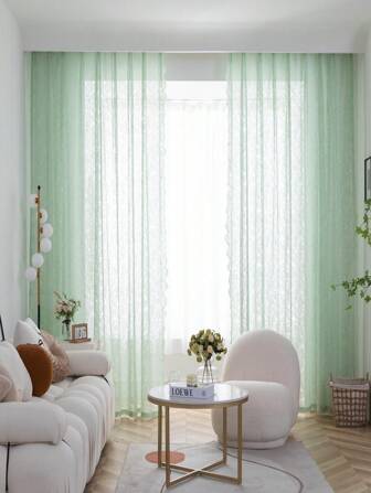 Embroidered Single Panel Sheer Curtain, Green Polyester Lace Curtain, For Living Room, Bedroom, Balcony