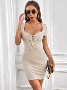 SHEIN Privé Đầm Thắt nút Gân đan Thắt nơ trước màu trơn Gợi cảm - Màu be - Xem 5