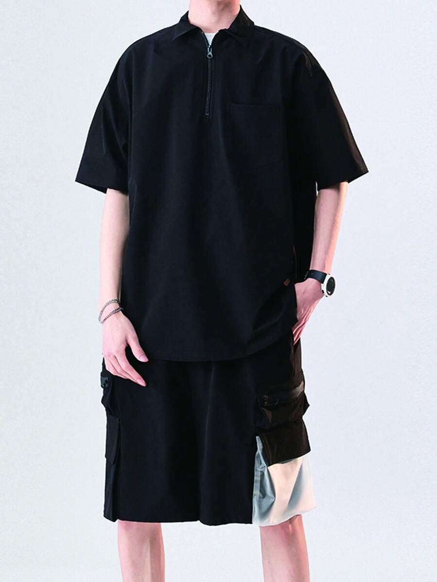 Men Zip Half Placket Shirt & Flap Pocket Shorts - Black - View 1