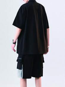 Men Zip Half Placket Shirt & Flap Pocket Shorts - Black - View 2